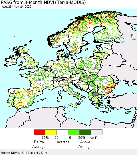 Europe PASG from 3-Month NDVI (Terra-MODIS) Thematic Map For 11/17/2022 - 11/24/2022