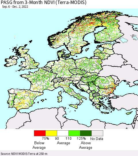 Europe PASG from 3-Month NDVI (Terra-MODIS) Thematic Map For 11/25/2022 - 12/2/2022