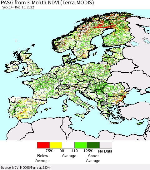 Europe PASG from 3-Month NDVI (Terra-MODIS) Thematic Map For 12/3/2022 - 12/10/2022