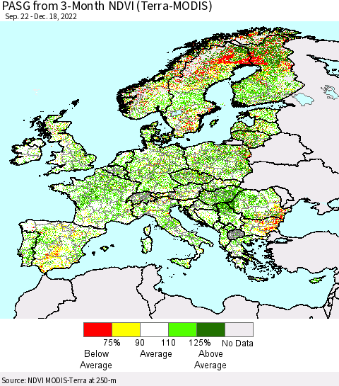 Europe PASG from 3-Month NDVI (Terra-MODIS) Thematic Map For 12/11/2022 - 12/18/2022
