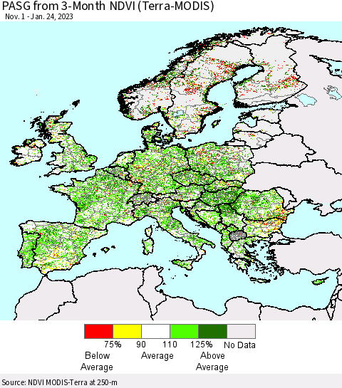 Europe PASG from 3-Month NDVI (Terra-MODIS) Thematic Map For 1/17/2023 - 1/24/2023