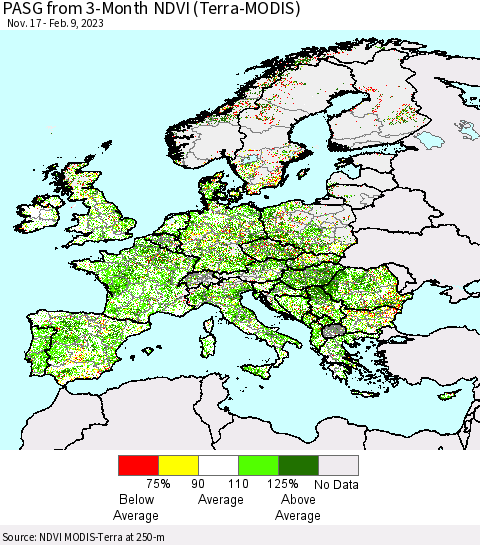 Europe PASG from 3-Month NDVI (Terra-MODIS) Thematic Map For 2/2/2023 - 2/9/2023