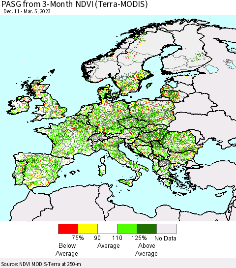Europe PASG from 3-Month NDVI (Terra-MODIS) Thematic Map For 2/26/2023 - 3/5/2023