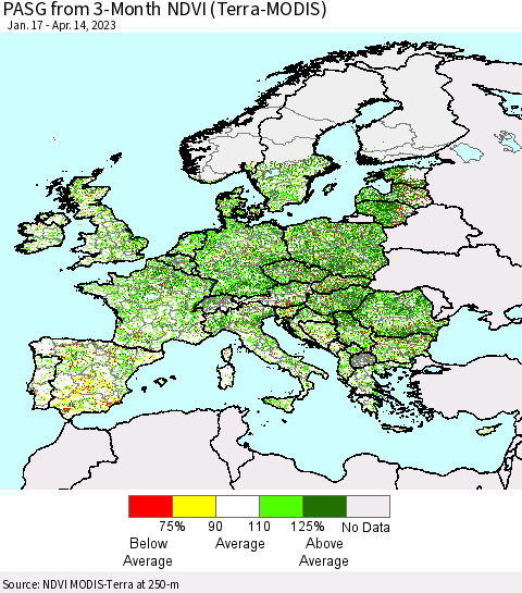 Europe PASG from 3-Month NDVI (Terra-MODIS) Thematic Map For 4/7/2023 - 4/14/2023