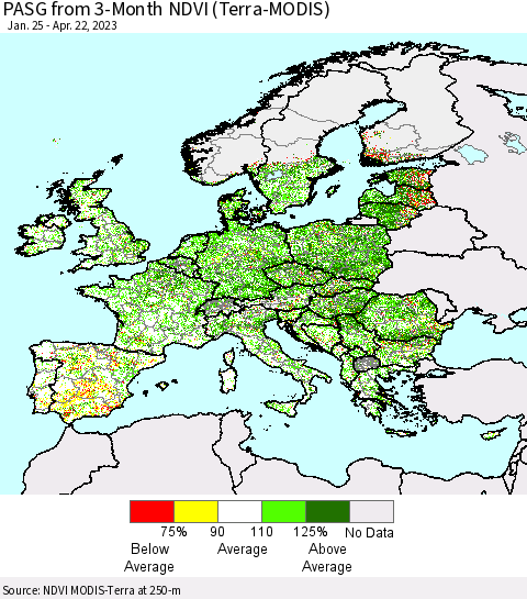 Europe PASG from 3-Month NDVI (Terra-MODIS) Thematic Map For 4/15/2023 - 4/22/2023
