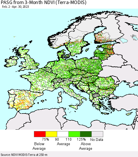 Europe PASG from 3-Month NDVI (Terra-MODIS) Thematic Map For 4/23/2023 - 4/30/2023