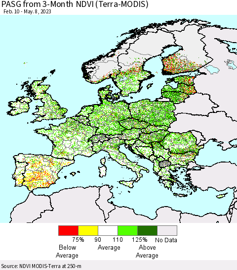 Europe PASG from 3-Month NDVI (Terra-MODIS) Thematic Map For 5/1/2023 - 5/8/2023