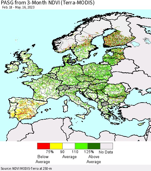 Europe PASG from 3-Month NDVI (Terra-MODIS) Thematic Map For 5/9/2023 - 5/16/2023
