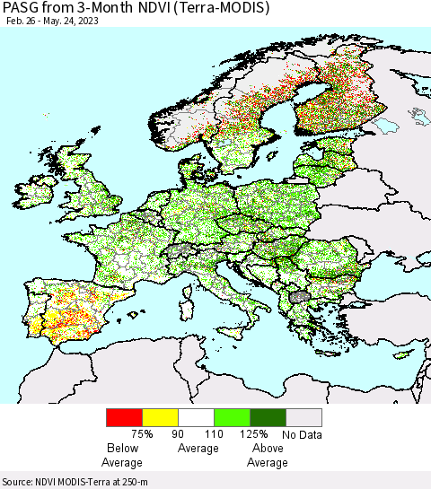 Europe PASG from 3-Month NDVI (Terra-MODIS) Thematic Map For 5/17/2023 - 5/24/2023