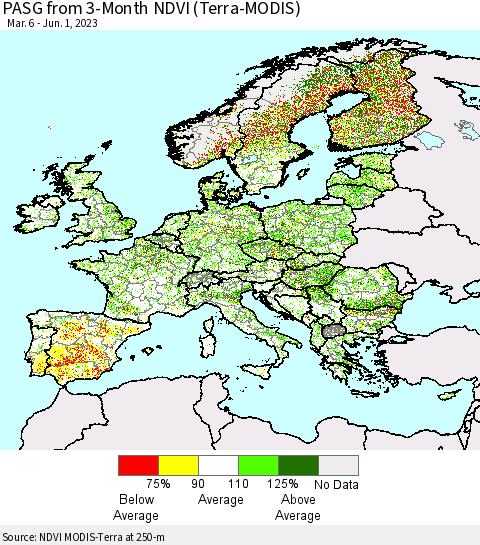 Europe PASG from 3-Month NDVI (Terra-MODIS) Thematic Map For 5/25/2023 - 6/1/2023