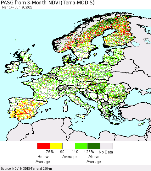 Europe PASG from 3-Month NDVI (Terra-MODIS) Thematic Map For 6/2/2023 - 6/9/2023