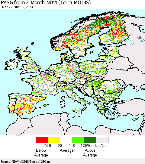 Europe PASG from 3-Month NDVI (Terra-MODIS) Thematic Map For 6/10/2023 - 6/17/2023