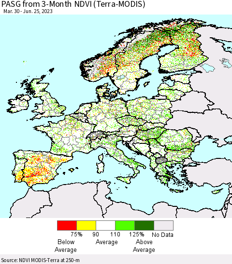 Europe PASG from 3-Month NDVI (Terra-MODIS) Thematic Map For 6/18/2023 - 6/25/2023