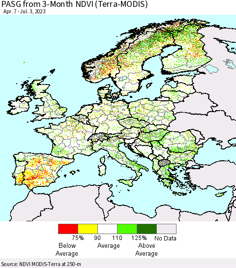 Europe PASG from 3-Month NDVI (Terra-MODIS) Thematic Map For 6/26/2023 - 7/3/2023