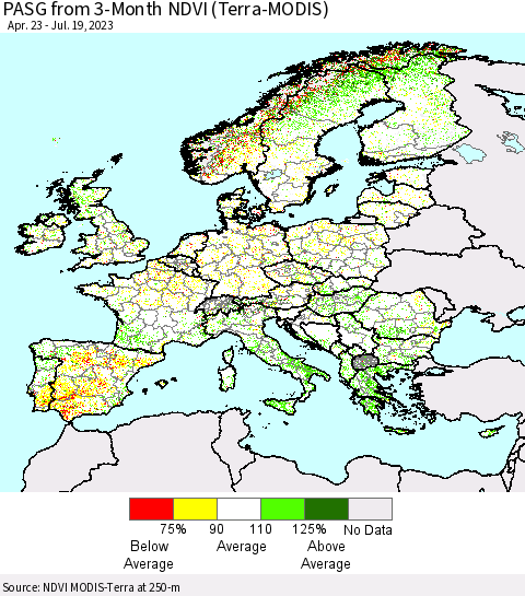 Europe PASG from 3-Month NDVI (Terra-MODIS) Thematic Map For 7/12/2023 - 7/19/2023