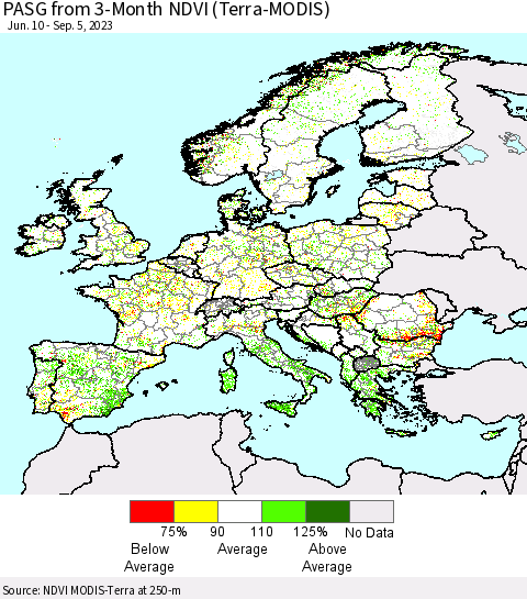 Europe PASG from 3-Month NDVI (Terra-MODIS) Thematic Map For 8/29/2023 - 9/5/2023