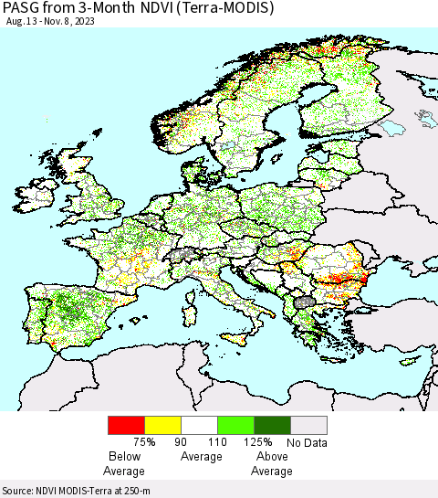 Europe PASG from 3-Month NDVI (Terra-MODIS) Thematic Map For 11/1/2023 - 11/8/2023