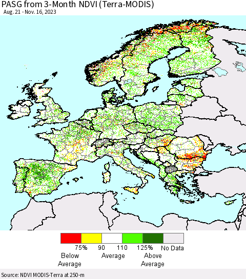 Europe PASG from 3-Month NDVI (Terra-MODIS) Thematic Map For 11/9/2023 - 11/16/2023