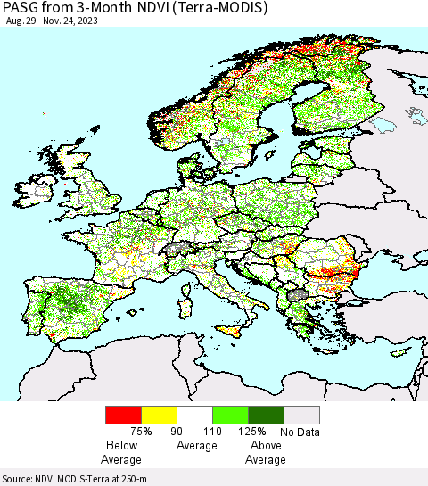 Europe PASG from 3-Month NDVI (Terra-MODIS) Thematic Map For 11/17/2023 - 11/24/2023