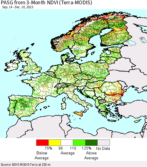 Europe PASG from 3-Month NDVI (Terra-MODIS) Thematic Map For 12/3/2023 - 12/10/2023