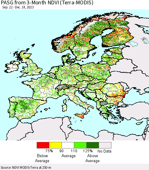 Europe PASG from 3-Month NDVI (Terra-MODIS) Thematic Map For 12/11/2023 - 12/18/2023