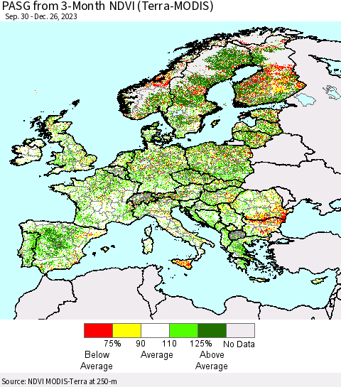 Europe PASG from 3-Month NDVI (Terra-MODIS) Thematic Map For 12/19/2023 - 12/26/2023