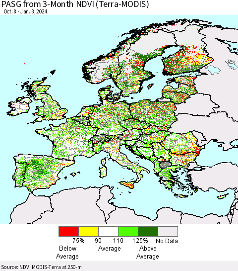Europe PASG from 3-Month NDVI (Terra-MODIS) Thematic Map For 12/27/2023 - 1/3/2024