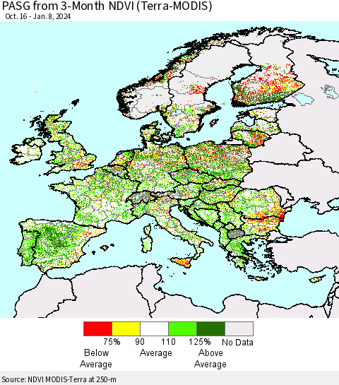 Europe PASG from 3-Month NDVI (Terra-MODIS) Thematic Map For 1/1/2024 - 1/8/2024
