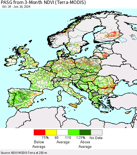 Europe PASG from 3-Month NDVI (Terra-MODIS) Thematic Map For 1/9/2024 - 1/16/2024