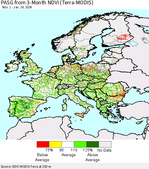 Europe PASG from 3-Month NDVI (Terra-MODIS) Thematic Map For 1/17/2024 - 1/24/2024
