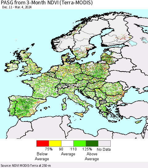 Europe PASG from 3-Month NDVI (Terra-MODIS) Thematic Map For 2/26/2024 - 3/4/2024