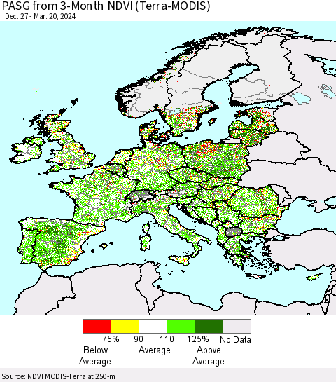 Europe PASG from 3-Month NDVI (Terra-MODIS) Thematic Map For 3/13/2024 - 3/20/2024