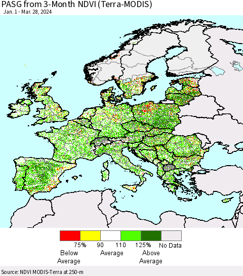 Europe PASG from 3-Month NDVI (Terra-MODIS) Thematic Map For 3/21/2024 - 3/28/2024