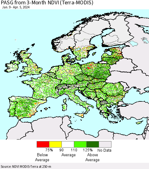 Europe PASG from 3-Month NDVI (Terra-MODIS) Thematic Map For 3/29/2024 - 4/5/2024