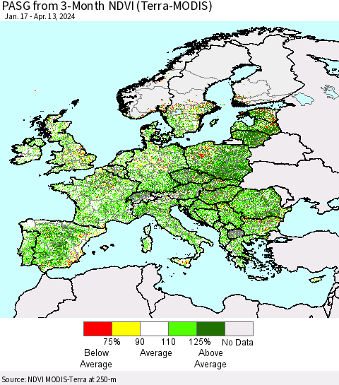 Europe PASG from 3-Month NDVI (Terra-MODIS) Thematic Map For 4/6/2024 - 4/13/2024