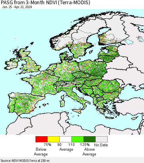 Europe PASG from 3-Month NDVI (Terra-MODIS) Thematic Map For 4/14/2024 - 4/21/2024