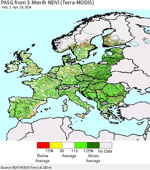 Europe PASG from 3-Month NDVI (Terra-MODIS) Thematic Map For 4/22/2024 - 4/29/2024