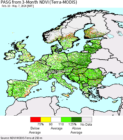 Europe PASG from 3-Month NDVI (Terra-MODIS) Thematic Map For 4/30/2024 - 5/7/2024