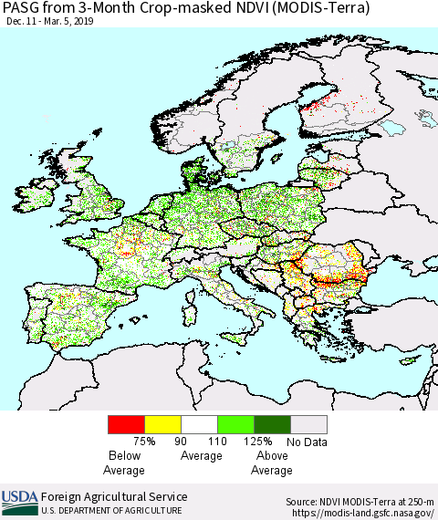 Europe PASG from 3-Month Cropland NDVI (Terra-MODIS) Thematic Map For 3/1/2019 - 3/10/2019