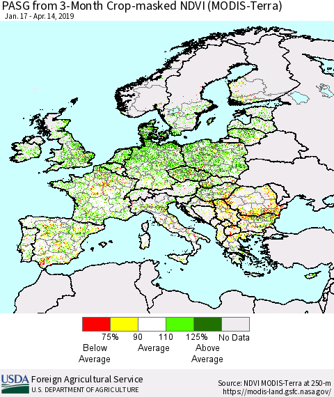 Europe PASG from 3-Month Cropland NDVI (Terra-MODIS) Thematic Map For 4/11/2019 - 4/20/2019