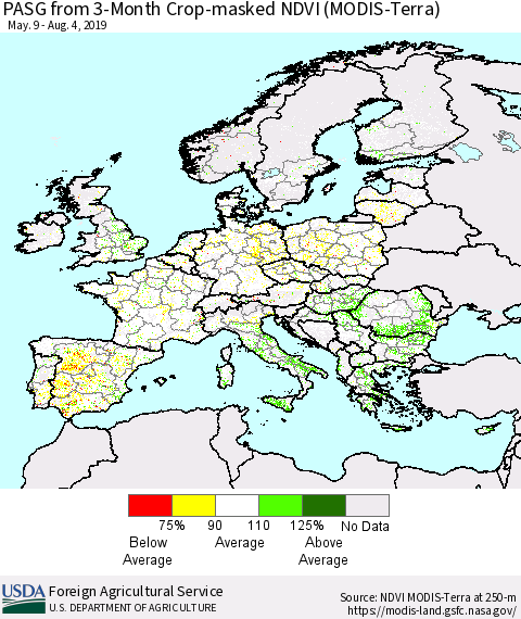 Europe PASG from 3-Month Cropland NDVI (Terra-MODIS) Thematic Map For 8/1/2019 - 8/10/2019