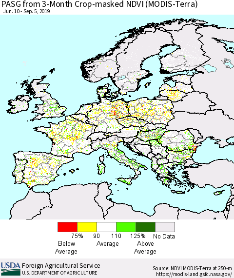 Europe PASG from 3-Month Cropland NDVI (Terra-MODIS) Thematic Map For 9/1/2019 - 9/10/2019