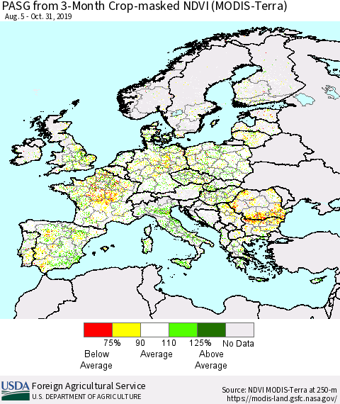 Europe PASG from 3-Month Cropland NDVI (Terra-MODIS) Thematic Map For 10/21/2019 - 10/31/2019