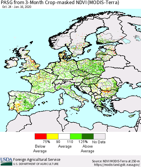 Europe PASG from 3-Month Cropland NDVI (Terra-MODIS) Thematic Map For 1/11/2020 - 1/20/2020