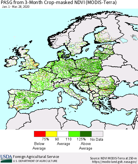 Europe PASG from 3-Month Cropland NDVI (Terra-MODIS) Thematic Map For 3/21/2020 - 3/31/2020