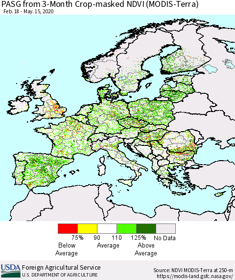 Europe PASG from 3-Month Cropland NDVI (Terra-MODIS) Thematic Map For 5/11/2020 - 5/20/2020