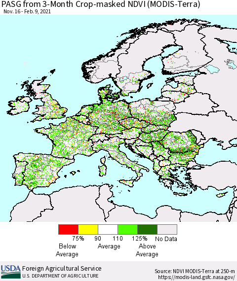 Europe PASG from 3-Month Cropland NDVI (Terra-MODIS) Thematic Map For 2/1/2021 - 2/10/2021