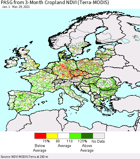 Europe PASG from 3-Month Cropland NDVI (Terra-MODIS) Thematic Map For 3/22/2021 - 3/29/2021