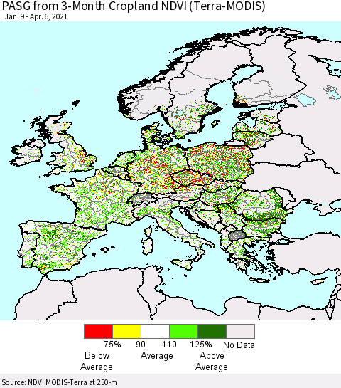 Europe PASG from 3-Month Cropland NDVI (Terra-MODIS) Thematic Map For 3/30/2021 - 4/6/2021