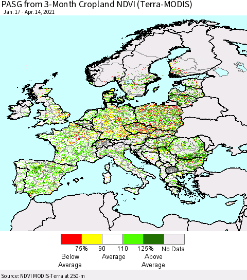 Europe PASG from 3-Month Cropland NDVI (Terra-MODIS) Thematic Map For 4/7/2021 - 4/14/2021